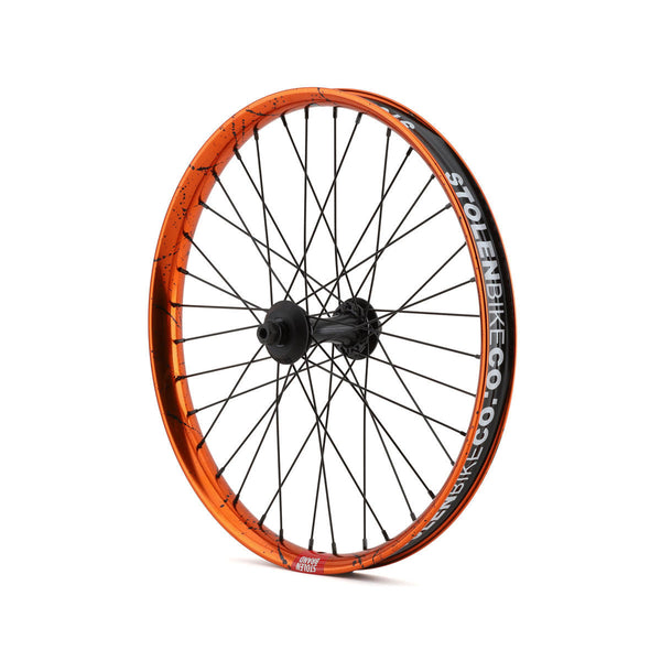 20" RAMPAGE PRO STREET FRONT FEMALE AXLE WHEEL, ORANGE / BLACK SPLATTER