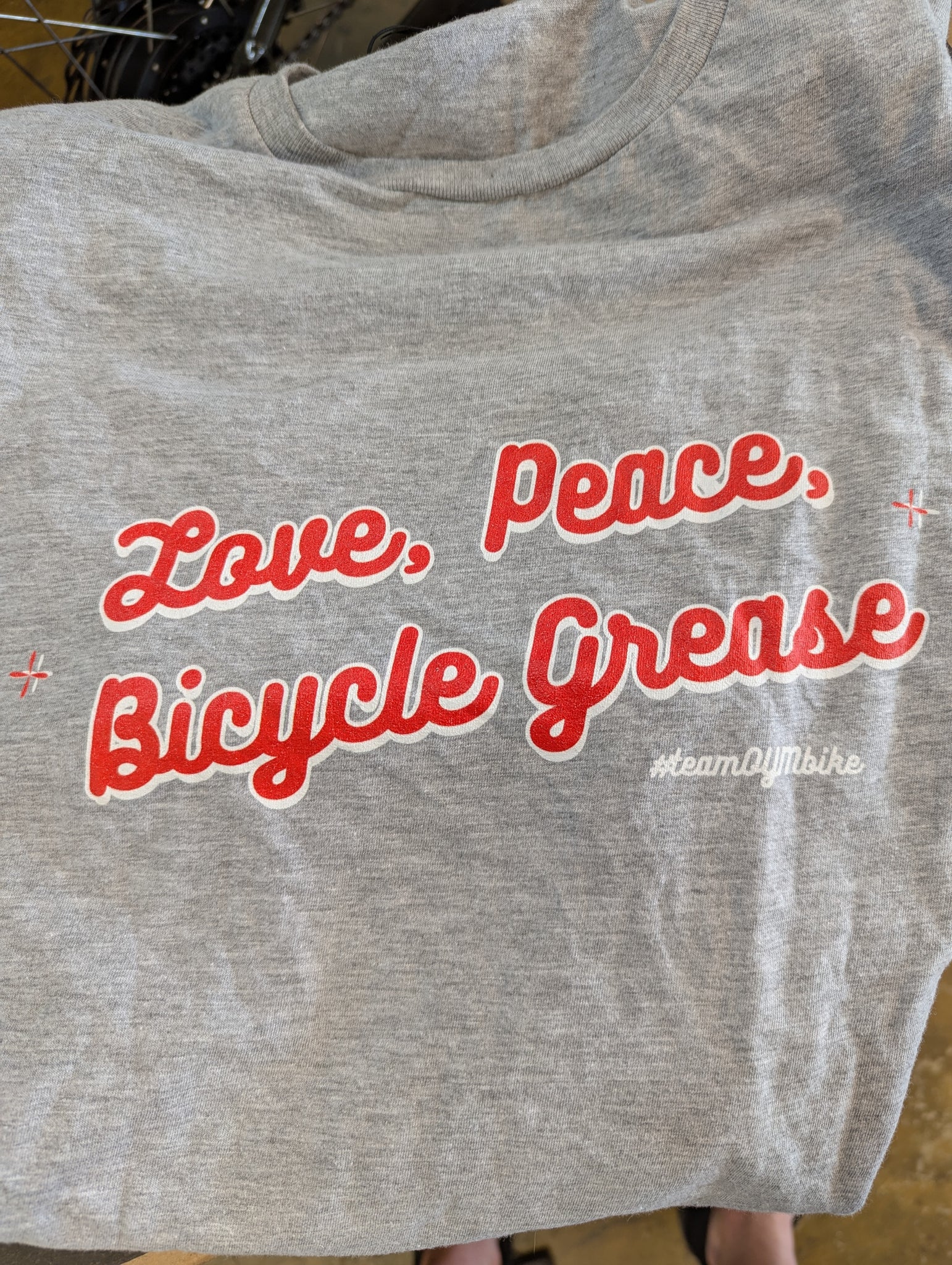 OYM Tee Love, Peace and Bicycle Grease