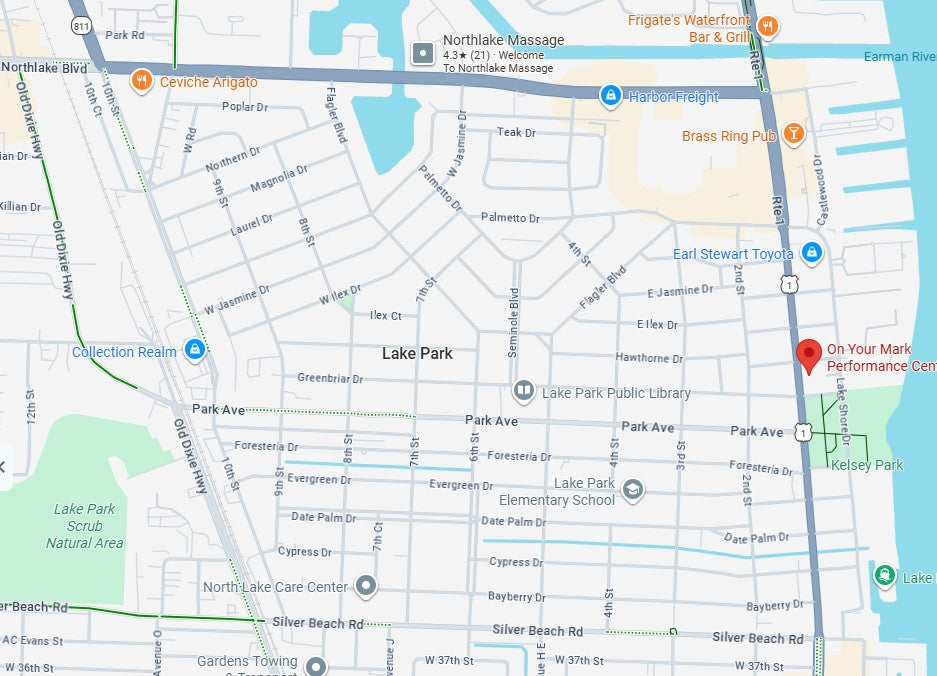 Map showing On Your Mark Performance Center on US-1 in Lake Park, FL